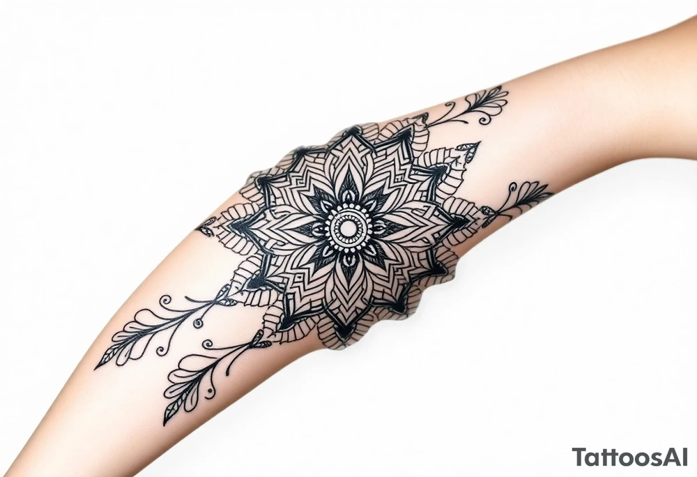 Geometric floral mandala with 5 Symbolic elements for each family member. Two base elements for my husband and I, intertwined floral patterns like mirrored vines or spiral paisleys representing our identical twins, and a Gemini zodiac sign for my son. Use feminine-yet-bold linework and Interconnected elements to reflect family unity tattoo idea