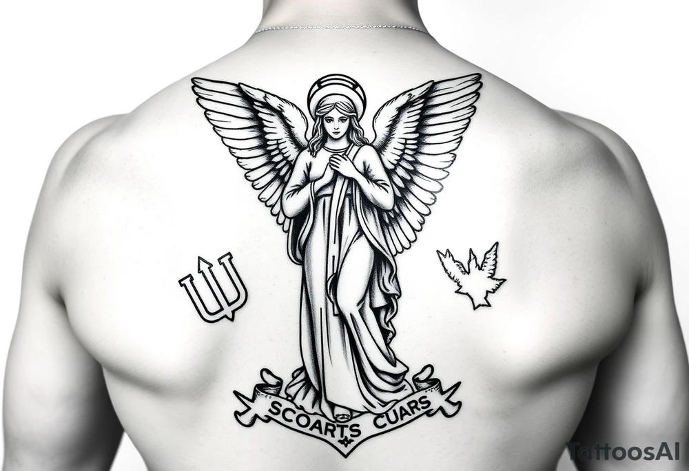 Female us coast guard officer protected by guardian angel statue religious tattoo idea