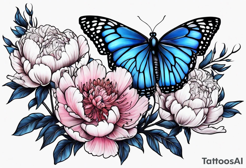 Peony with blue monarch butterflies tattoo idea