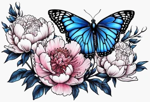 Peony with blue monarch butterflies tattoo idea
