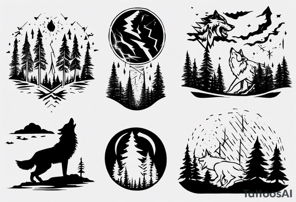 lightning over forest with wolf howling on drum tattoo idea