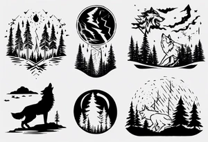 lightning over forest with wolf howling on drum tattoo idea