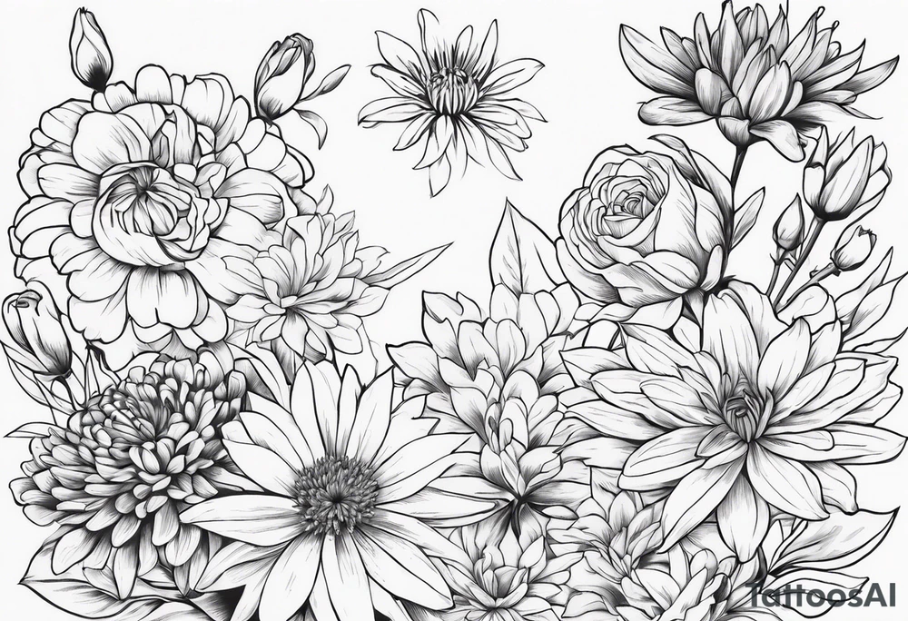 Asters, roses, lillies, and chrysanthemums in a long line tattoo idea
