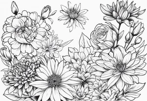 Asters, roses, lillies, and chrysanthemums in a long line tattoo idea