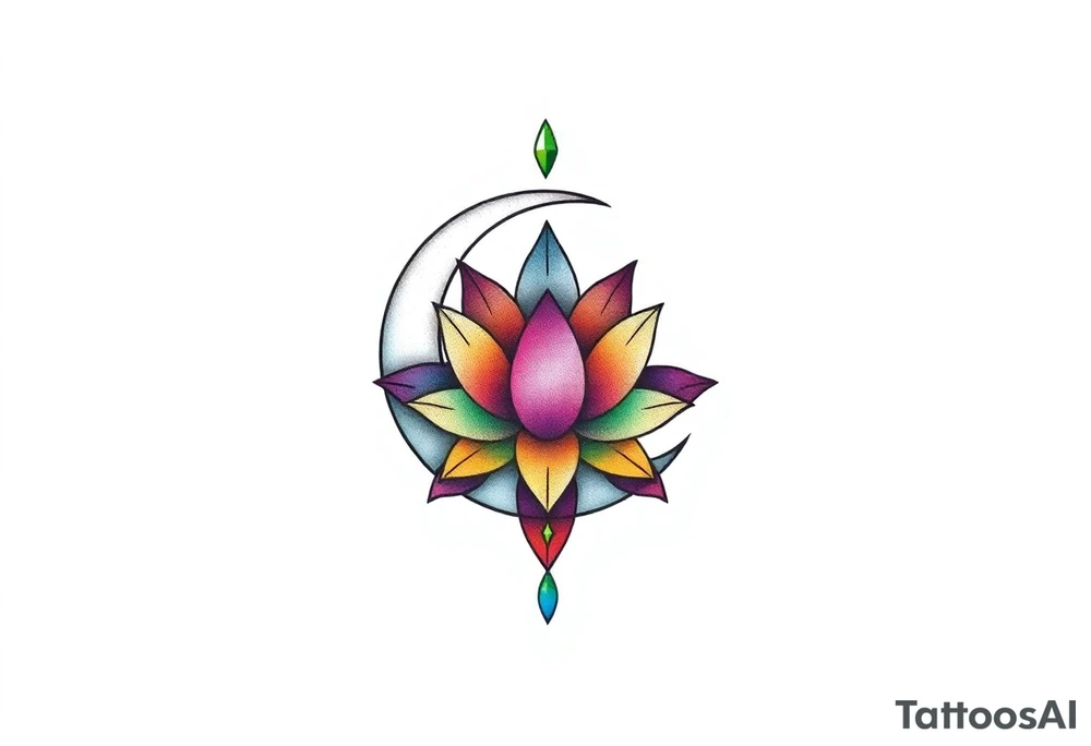 small colorful crescent moon with lotus flower tattoo idea