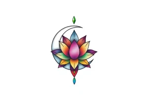 small colorful crescent moon with lotus flower tattoo idea