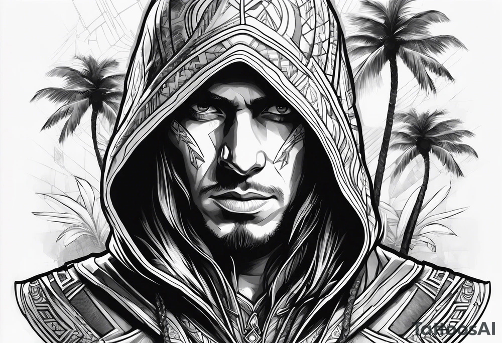 assassins creed character that is in the style of tron with palm trees tattoo idea