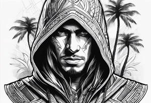 assassins creed character that is in the style of tron with palm trees tattoo idea