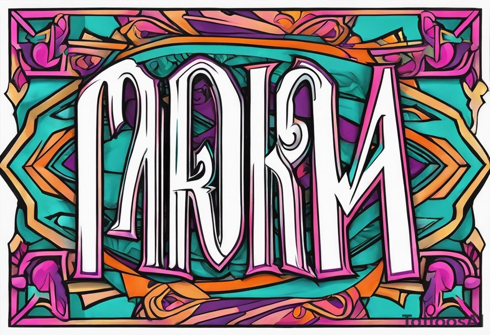 I want a tattoo of my daughter’s name MARIAH. I want it block graffiti style with some background shading colors should be pink teal purple and other colors like that and also some orange and black tattoo idea