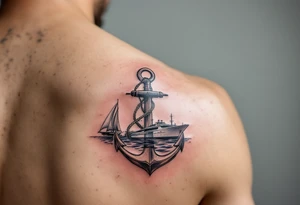 bold man with anchor and yacht
put on arm tattoo idea