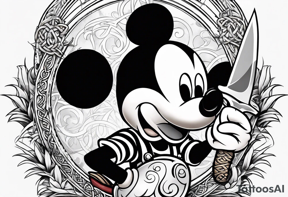 mickey mouse holding a knife and stick with palm trees and the celtic symbol for family tattoo idea