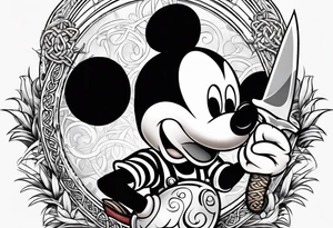 mickey mouse holding a knife and stick with palm trees and the celtic symbol for family tattoo idea