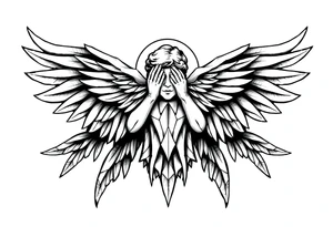 Angel with two wings covering its face, two wings covering its feet, and two flying out at its sides tattoo idea