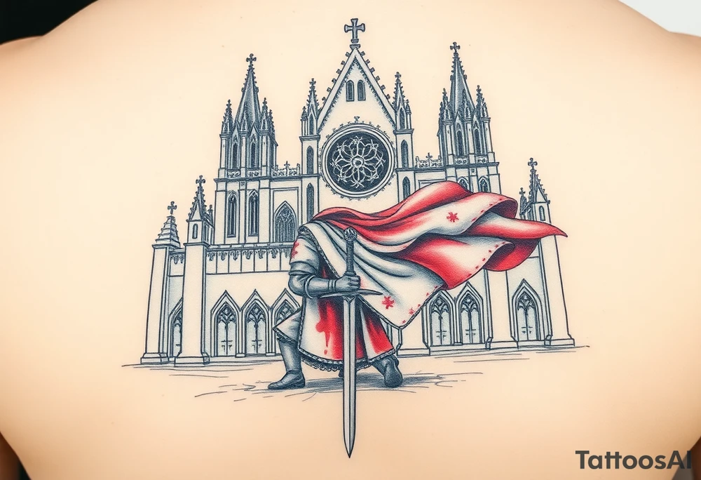 A knight kneeling before a grand Gothic cathedral, his sword planted into the ground, his white and red surcoat flowing in the wind tattoo idea