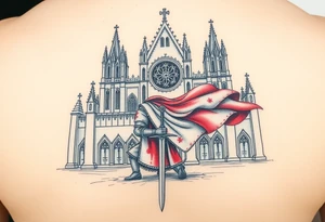 A knight kneeling before a grand Gothic cathedral, his sword planted into the ground, his white and red surcoat flowing in the wind tattoo idea