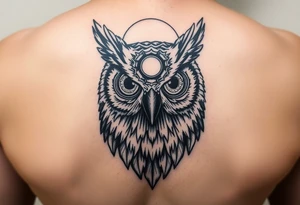 Owl head with large intense tripping on acid colored eyes with cyberpunk style  and geometry and glowing circle on the forhead tattoo idea