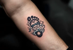 Tiny footprint with the name "Daniel" and 23.1.2019 v 4:45, surrounded by gray and light blue clouds. tattoo idea
