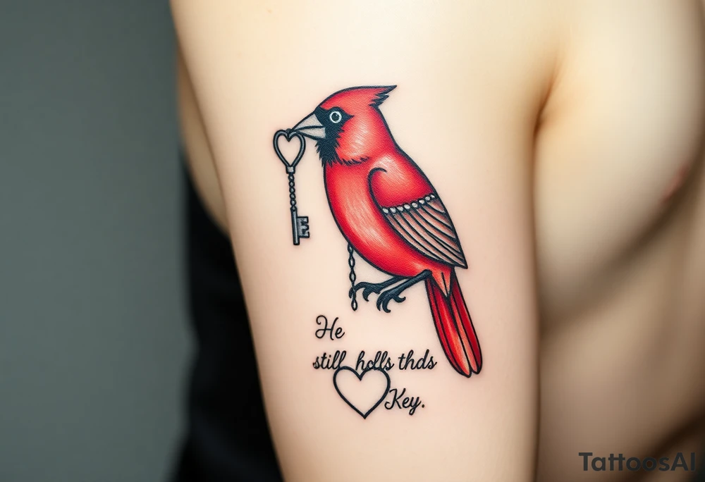 A realistic tattoo design of a red cardinal holding a heart-shaped key in its beak. The key matches a classic romantic key design with a beaded chain attached. The chain dangles gracefully downward to connect with a heart lock near the bottom of the design. Include elegant cursive text reading “He still holds the key” beneath the heart. Use clean black and gray ink lines with rich red tones for the cardinal. Style the artwork for tattoo realism, soft shading, and delicate linework, with balanced vertical composition suitable for an inner forearm tattoo. tattoo idea