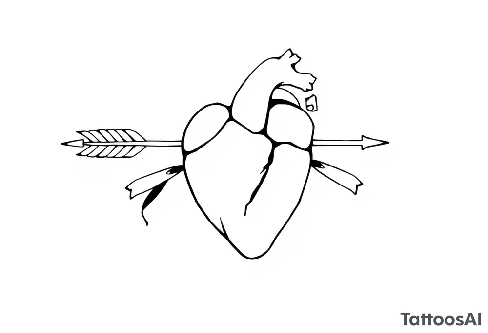 anatomical heart pierced by ornate arrow with flowing ribbons tattoo idea