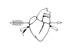 anatomical heart pierced by ornate arrow with flowing ribbons tattoo idea