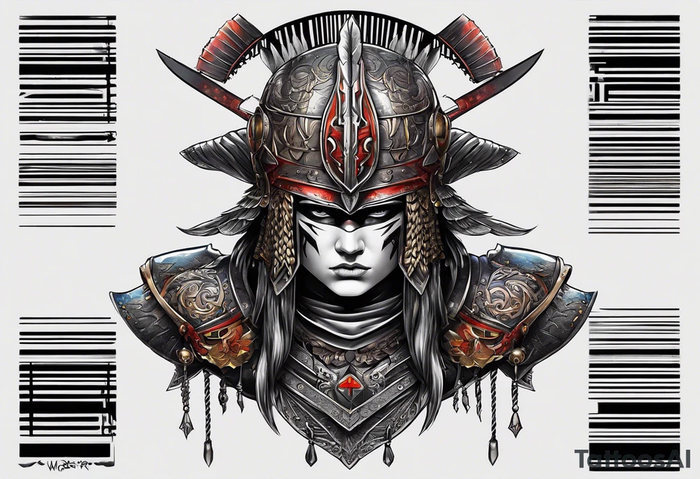 Warrior with helmet facing forward holding two weapons, needs to blend in barcode tattoo on the top tattoo idea