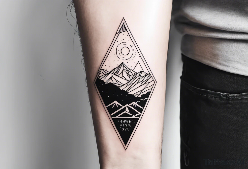 A simple tattoo with mountains and sun in fine line triangles with quote Memento Vivere tattoo idea