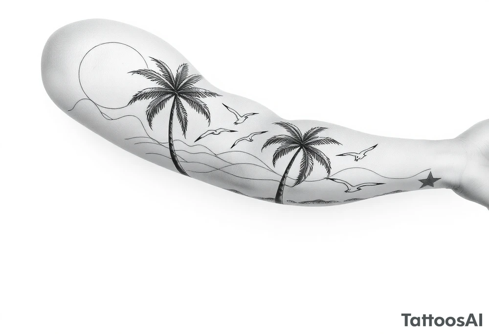fine line, peaceful, serene, timeless, ocean, sand, palm tree, seagulls, sun tattoo idea