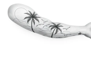 fine line, peaceful, serene, timeless, ocean, sand, palm tree, seagulls, sun tattoo idea