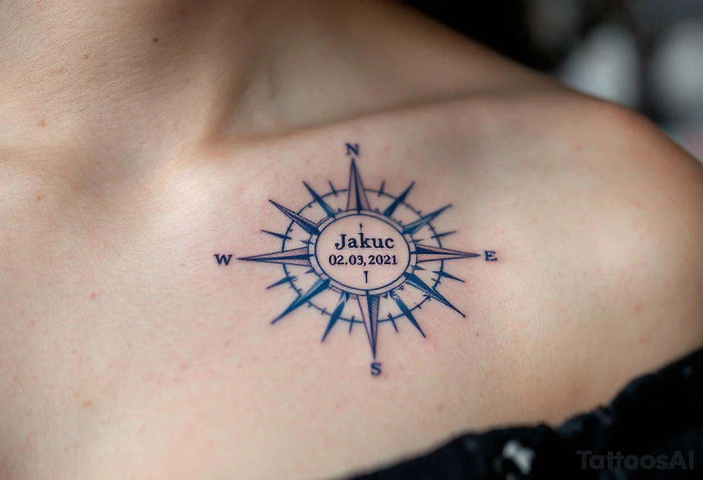 Jakub 02. 03. 2021 – A classic blue and gray compass with Jack's birthdate etched in bold, modern font at the center. tattoo idea