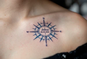 Jakub 02. 03. 2021 – A classic blue and gray compass with Jack's birthdate etched in bold, modern font at the center. tattoo idea