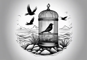 An open birdcage, with a bird flying out, on the Oregon 
beach tattoo idea