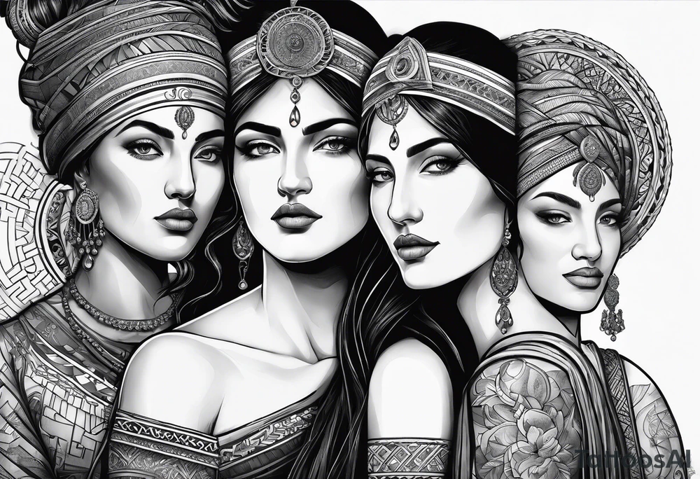 three women, side by side, young, old, middle-aged. women, weavers, godess of desteny. Moirens tattoo idea