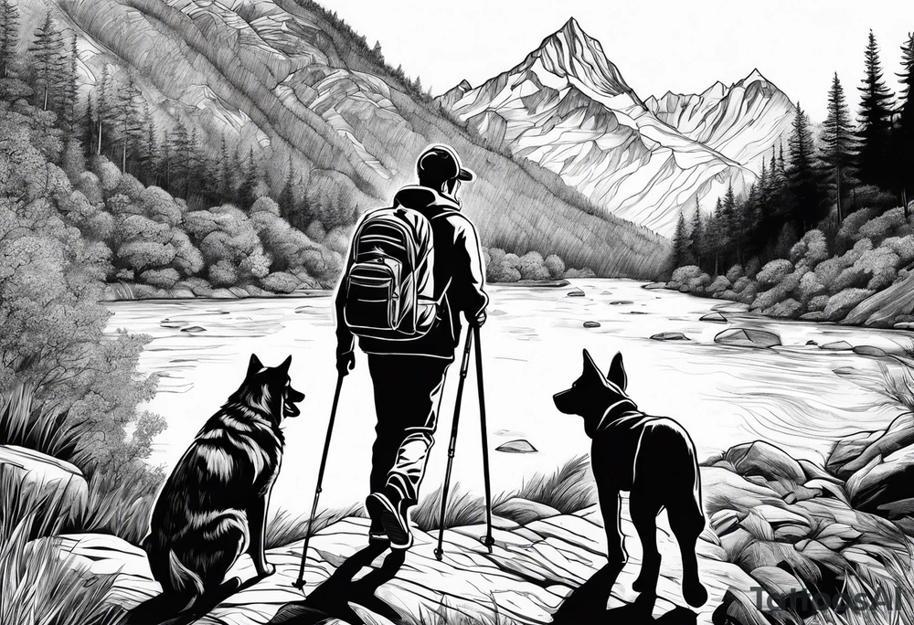 father son hiking with their dog and cat in the mountains, nature, waterfall, rive tattoo idea