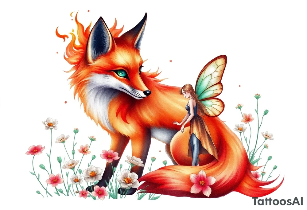 Fox made of fire with emerald jem stone eyes fairy standing close to it  in a field of lillys tattoo idea