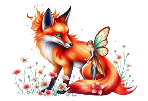 Fox made of fire with emerald jem stone eyes fairy standing close to it  in a field of lillys tattoo idea