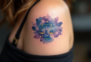 A celestial-themed tattoo combines the Libra star constellation in gold with a cosmic sky in navy and purple hues. tattoo idea