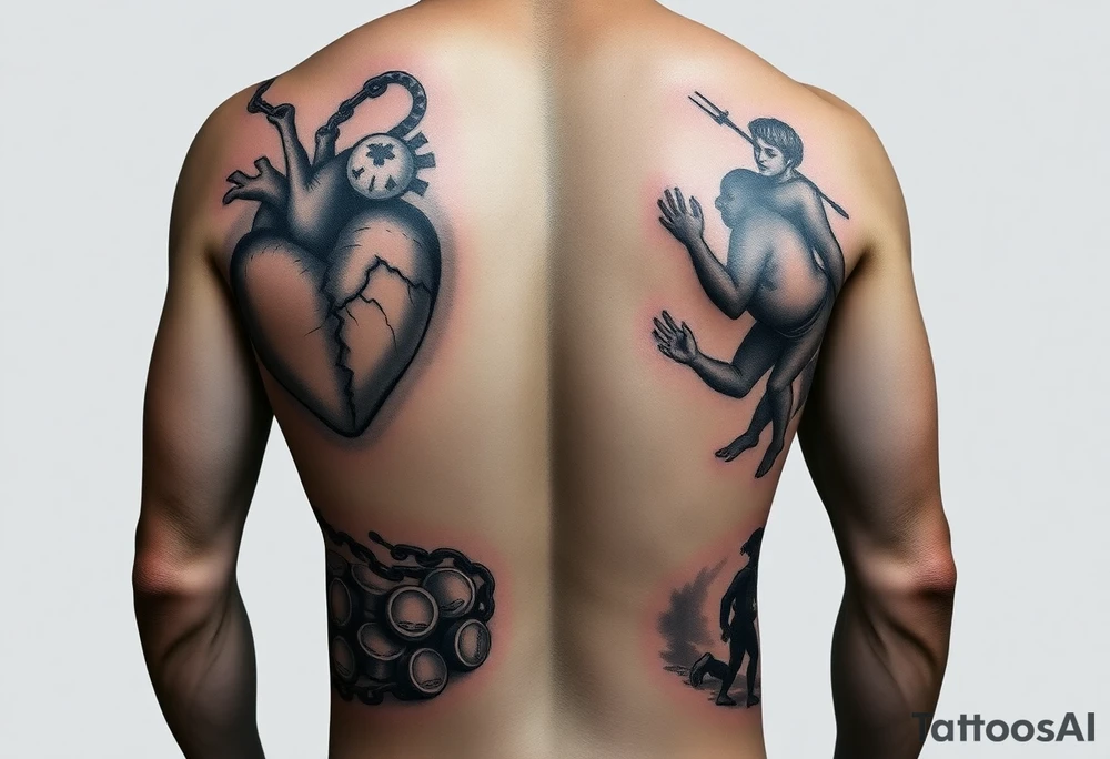 Design a full back tattoo that represents the struggles of betrayal, financial loss, relationship breakup, loss of job, loss of self, and death of a loved one, inspired by Greek mythology and art. The tattoo should be reminiscent of a Greek painting, particularly illustrating the trials of Hercules. Each struggle should be depicted as a symbolic labor, with each one portrayed as a scene on the back. For example:

Betrayal: A scene of a broken, jagged heart surrounded by shadows, with a figure turned away in mistrust.
Financial Loss: A treasure chest overturned, with coins spilling out, and a figure kneeling in despair.
Relationship Breakup: Two intertwined figures tearing apart, with one side showing broken chains or a shattered heart.
Loss of Job: A man in tattered clothing, walking away from a ruined, burning building.
Loss of Self: A figure looking at their shattered reflection in a broken mirror, symbolizing identity lost.
Death of a Loved One: A scene of a person in mourning, standing by a grave, with a winged figure representing the spirit of the deceased.
Ensure the design has an ancient, classical Greek aesthetic, with detailed lines, natural poses, and a narrative flow, similar to the style of ancient Greek pottery or frescoes." tattoo idea
