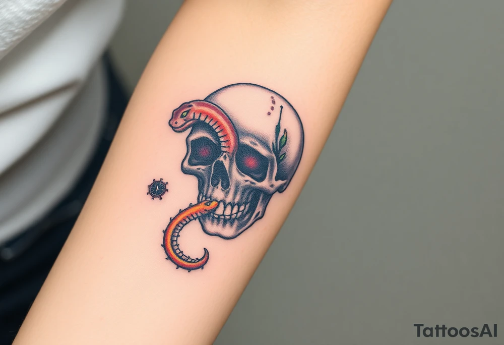 Skull with a snake going through its eyes or mouth include a clock and prickly vines tattoo idea
