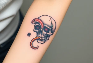 Skull with a snake going through its eyes or mouth include a clock and prickly vines tattoo idea
