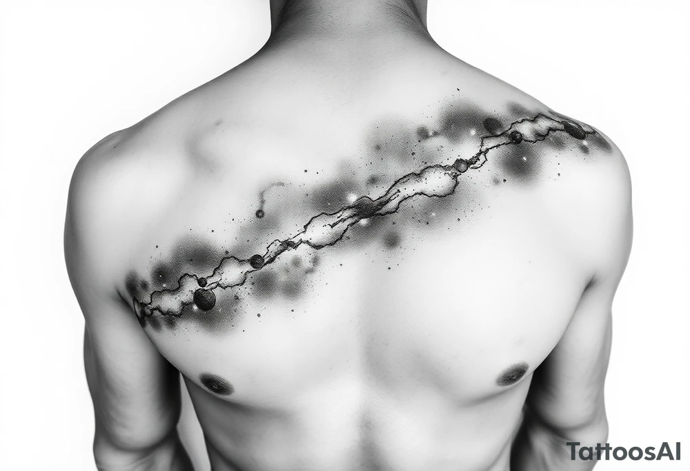 The full Milky Way galaxy crossing left top to bottom right over the chest of male. tattoo idea