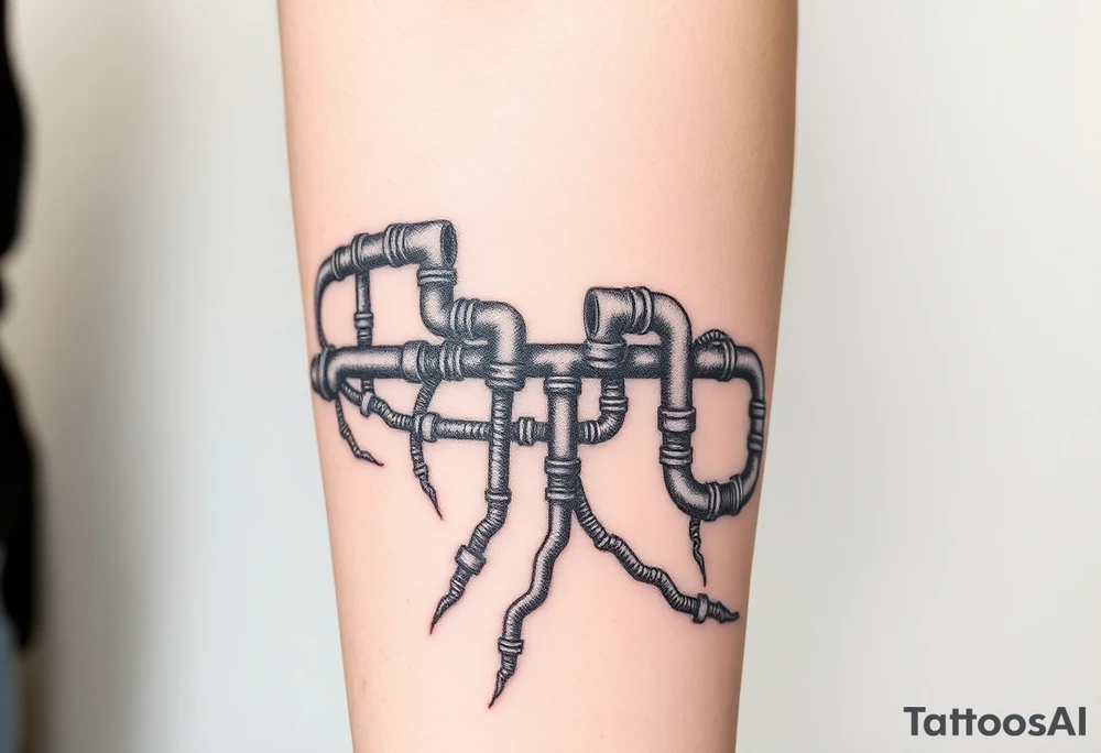 wide System of pipes that transitions and transforms outwards of sides and end into thick, widespread 
veins of forearm tattoo idea