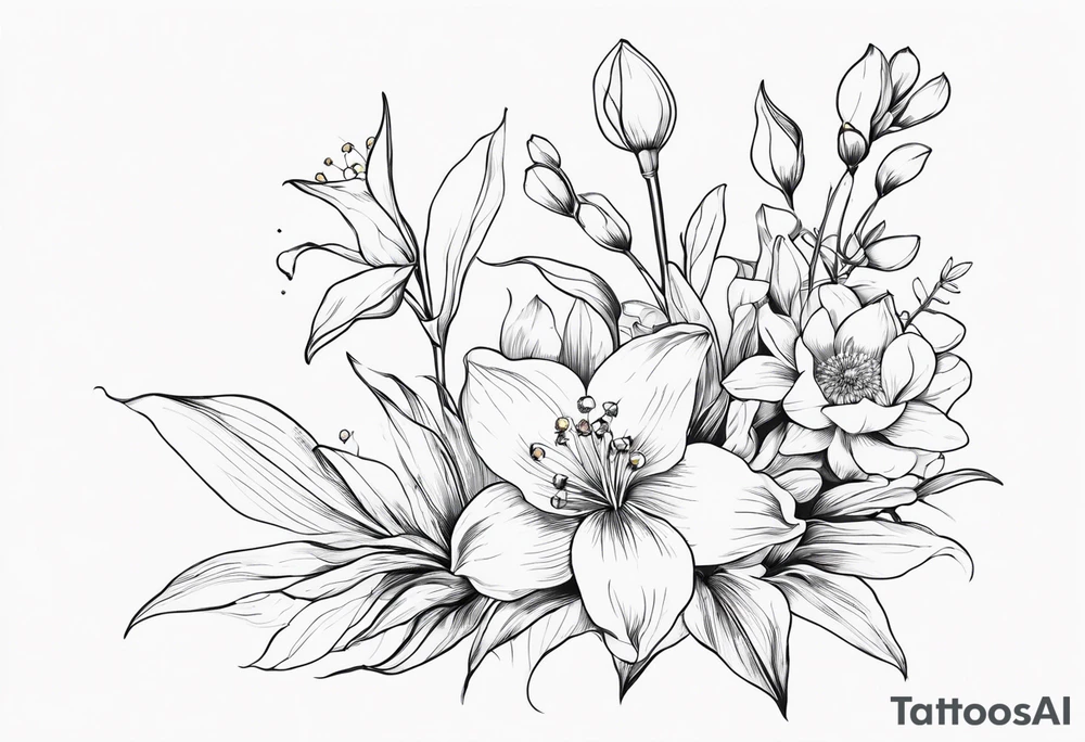 fine line flowers, vines, lily of the valley flower, aster flower, narcissus flower, arm sleeve tattoo idea