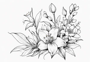 fine line flowers, vines, lily of the valley flower, aster flower, narcissus flower, arm sleeve tattoo idea