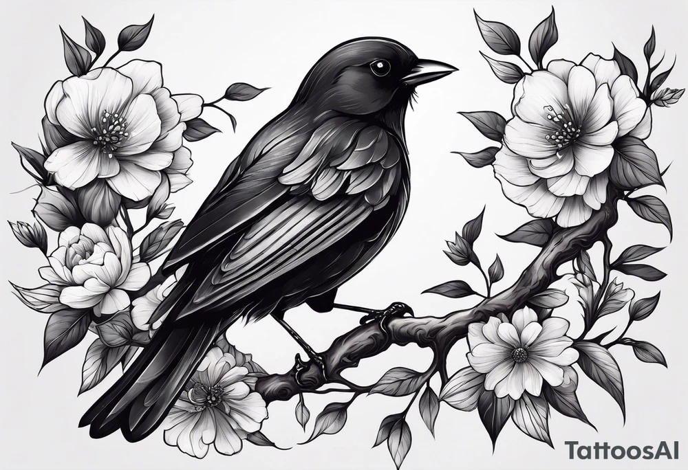 A black bird with its wings open on a branch with flowers and a cancer ribbon around the branch tattoo idea