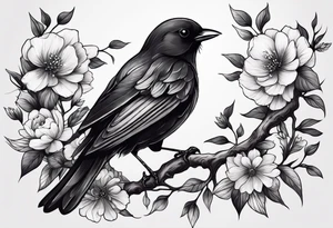 A black bird with its wings open on a branch with flowers and a cancer ribbon around the branch tattoo idea