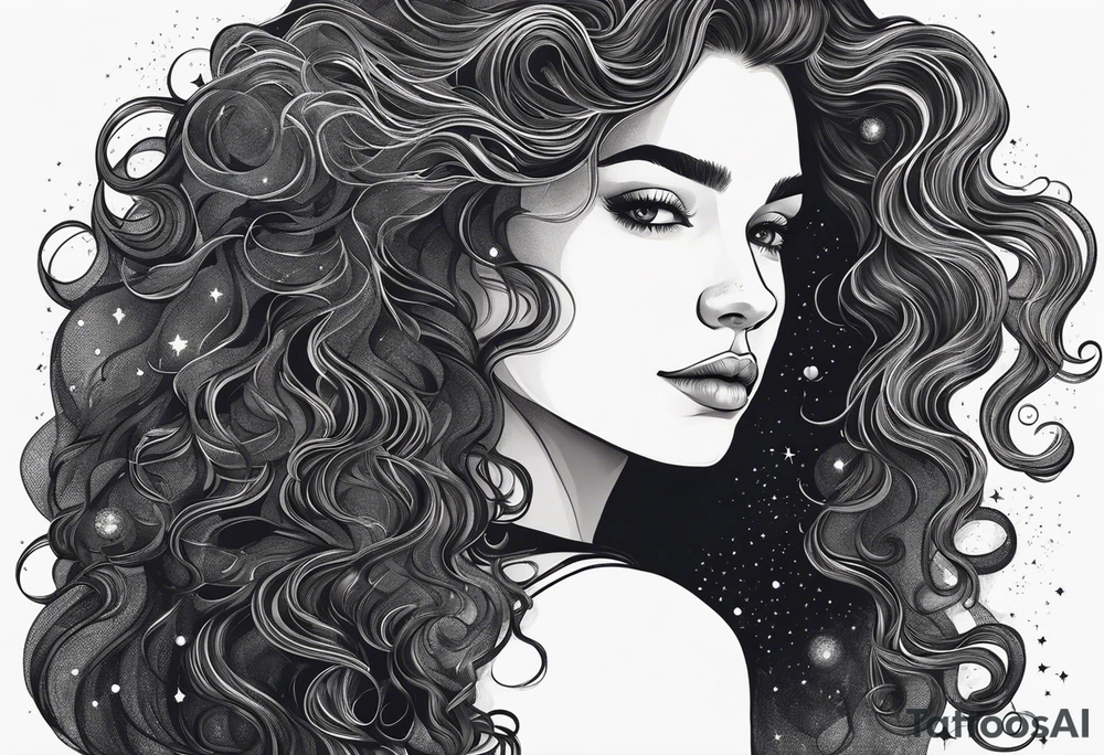 A shadow of a woman's head with long curly hair like Merida from Brave movie and her hair is made of stars planets and galaxies tattoo idea