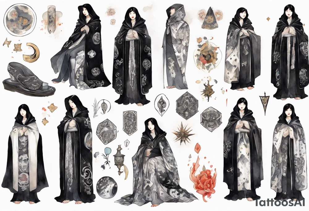 a 50-year-old black-haired woman dressed in a black and white medieval cloak, wearing slippers, surrounded in darkness tattoo idea