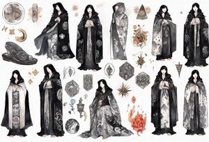 a 50-year-old black-haired woman dressed in a black and white medieval cloak, wearing slippers, surrounded in darkness tattoo idea