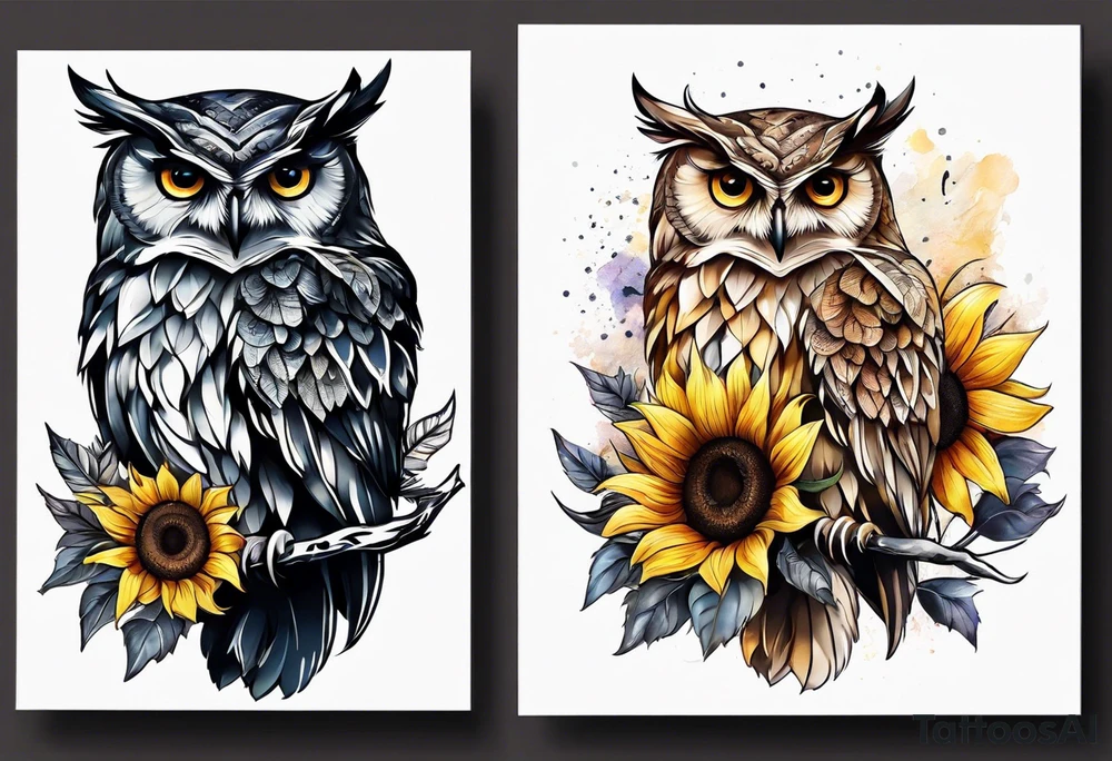 Owl with sunflowers leg sleeve tattoo idea