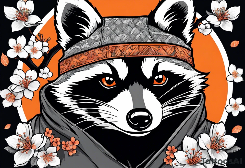 Raccoon wearing a white Superman logo on a black hoodie and orange Japanese cherry blossoms beside tattoo idea